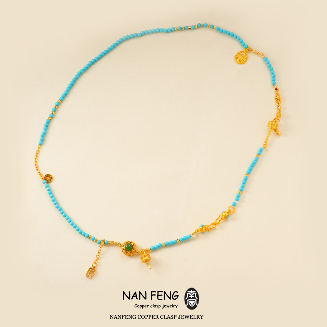 铜合金树脂项链 #473【海】绿松金色六字真言小众配件项链饰品