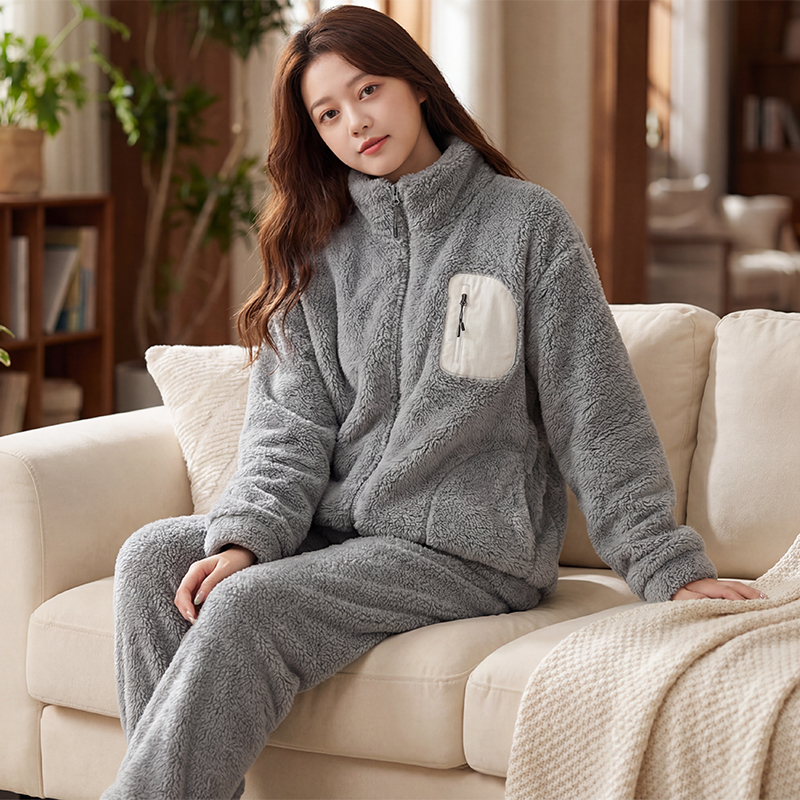 新款舒棉绒家居服加厚保暖立领女士加厚睡衣套装加绒松紧腰秋冬装