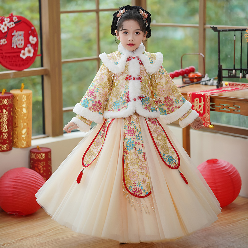 汉服女童冬季厚款碎花冬季绣花刺绣女唐装女童汉服冬季加绒加厚