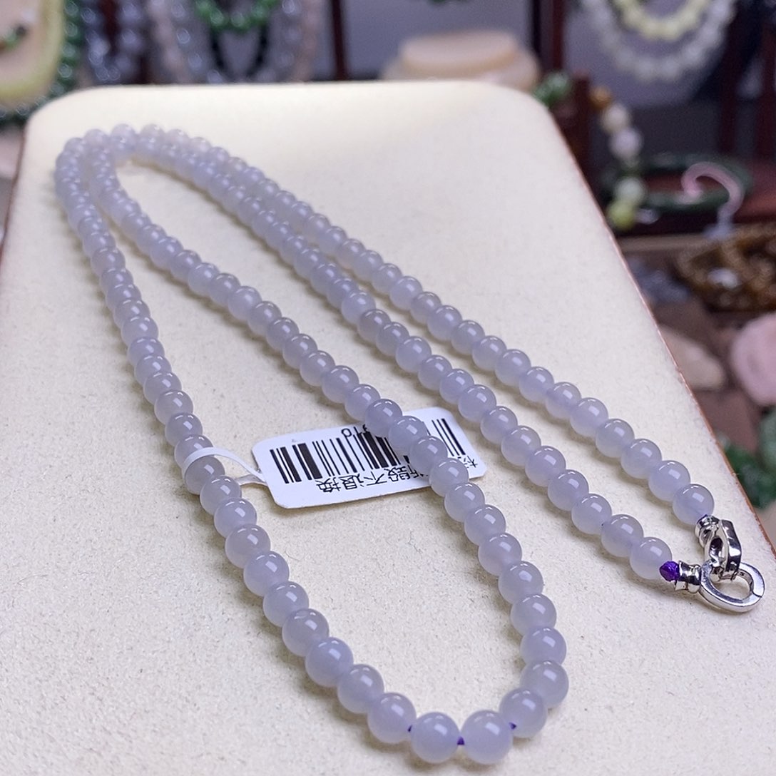 和田玉收藏级烟紫高冰紫圆珠珠链5m未镶嵌