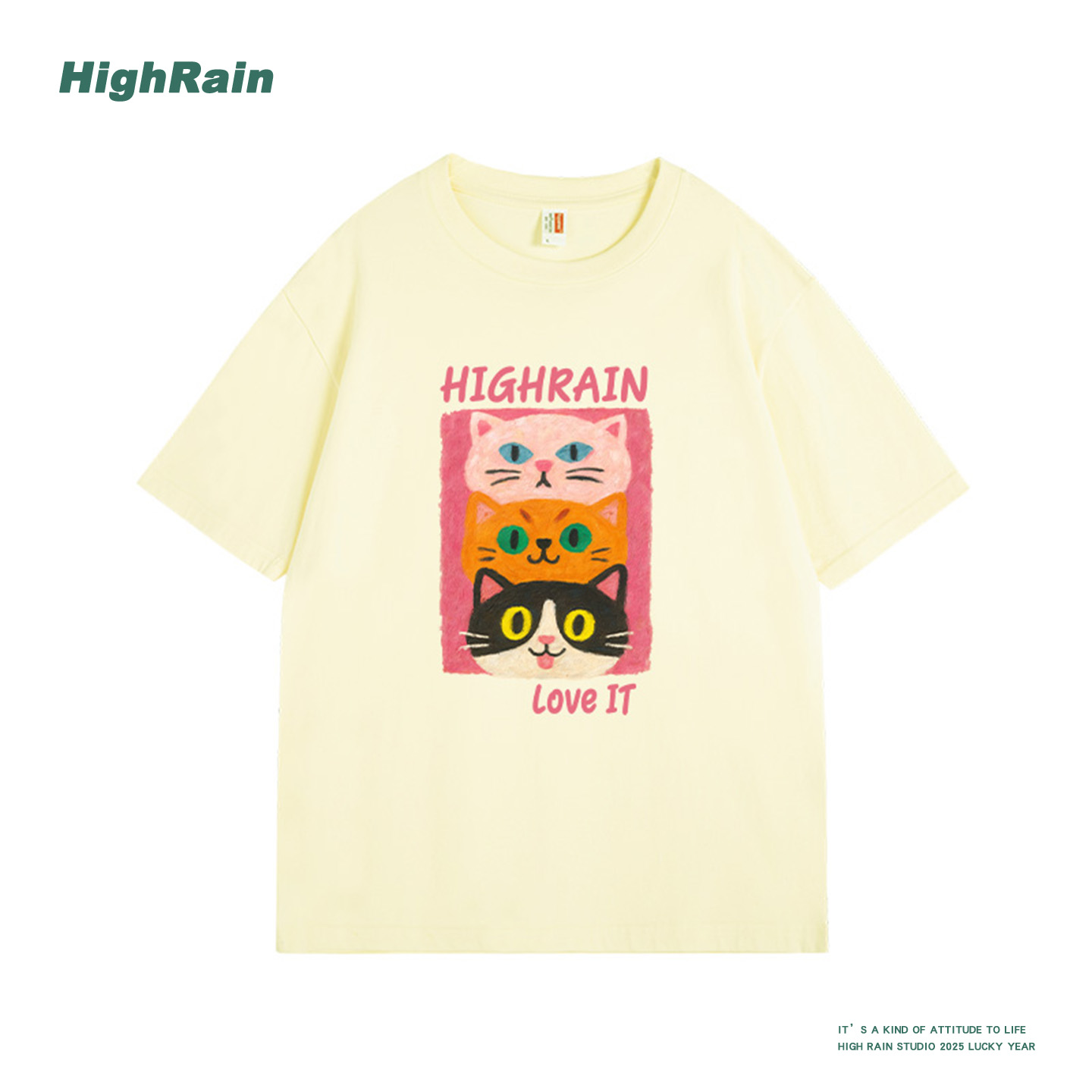 HIGH RAIN日系甜美叠猫猫短袖T恤女2025别致夏日简约纯棉情侣上衣