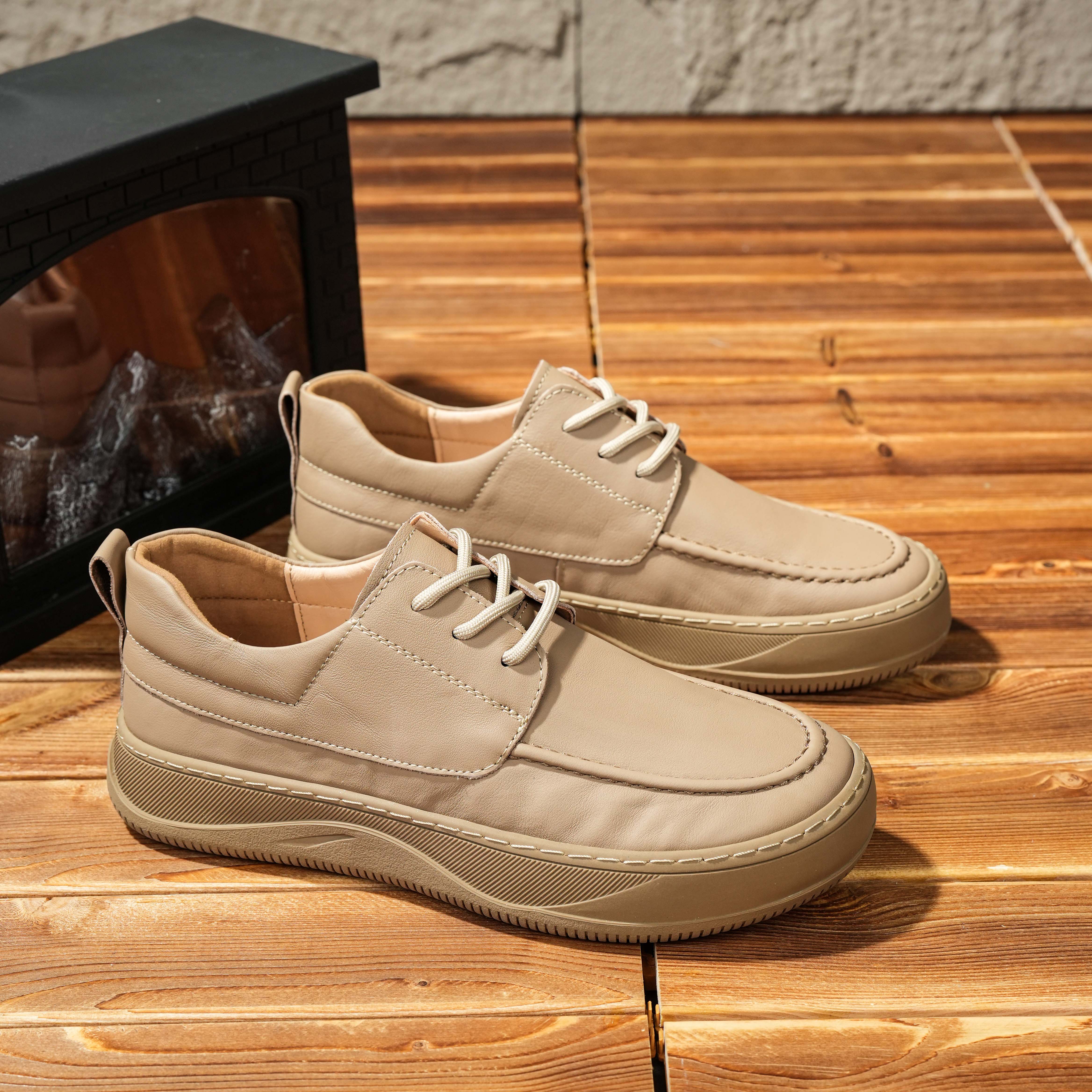 头层牛皮圆头透气系带休闲皮鞋英伦平底男士皮鞋潮流软底低帮通勤