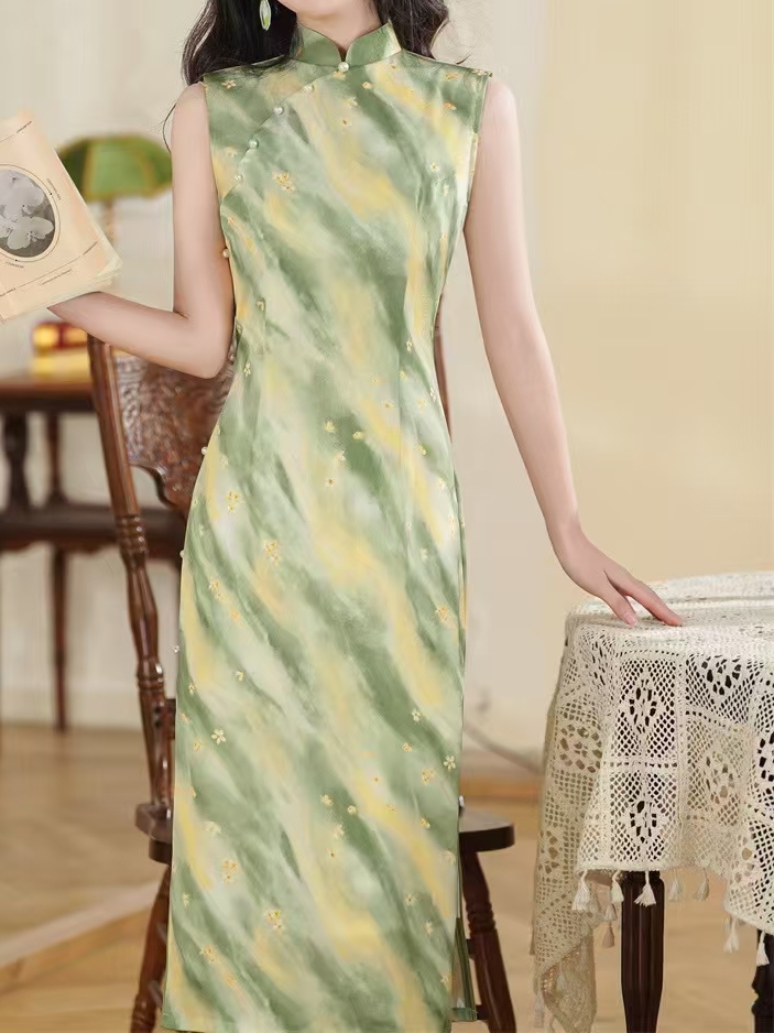 气质中国风显瘦复古修身日常旗袍新中式优雅绿色长旗袍夏季提花