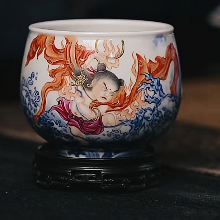 【黄老邪真选】澄怀堂｜青花钒红重工哪吒闹海龙纹杯陶瓷高档茶杯