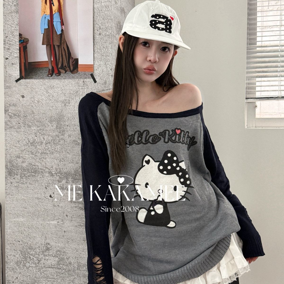千屿七STUDIO千千家秋新品撞色磨破KT斜肩针织衫上衣秋季