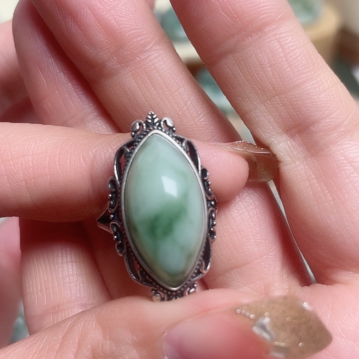 透闪石-蛇纹石玉戒指银S925镶嵌斗*