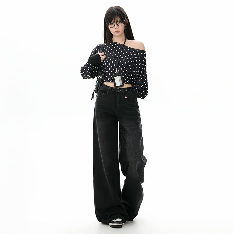 美式复古高腰牛仔裤女2025年秋季新款宽松显瘦阔腿直筒垂感拖地裤