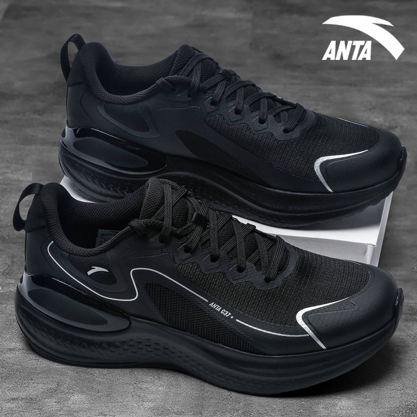 安踏C37跑步鞋男鞋官方缓震回弹透气跑鞋男士黑色运动鞋912535537