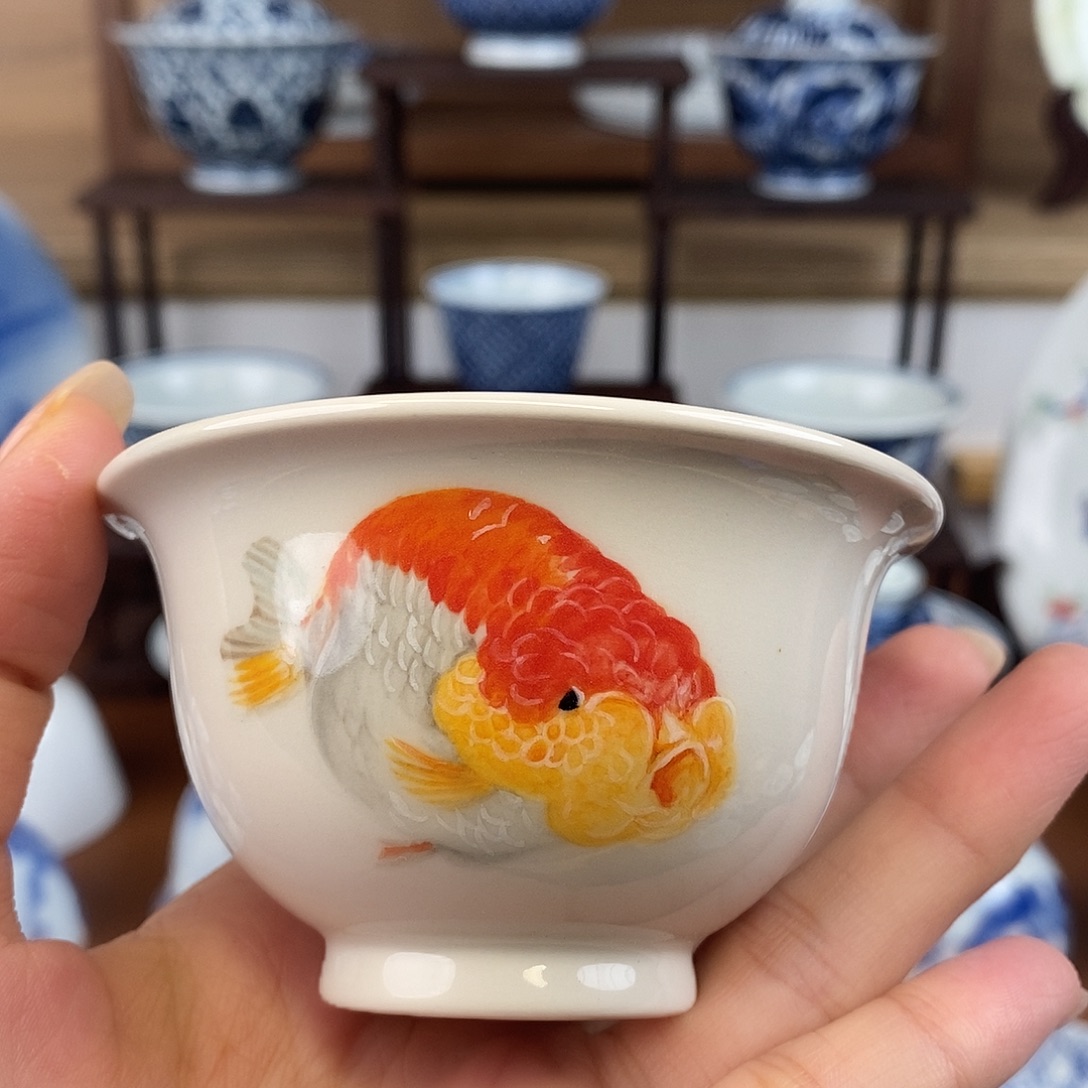 仿古泥兰寿金鱼压手杯