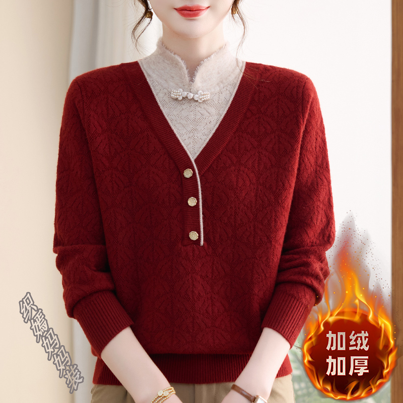 妈妈冬装加绒加厚毛衣旗袍领保暖针织打底衫中老年宽松内搭上衣女
