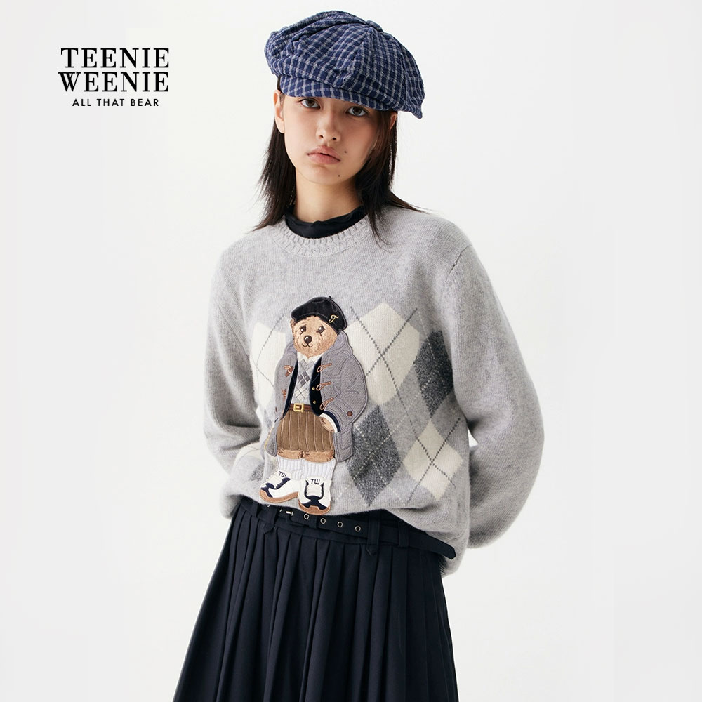 TeenieWeenie小熊25秋新款菱形格提花合身圆领毛衣女TTKW258TCFK