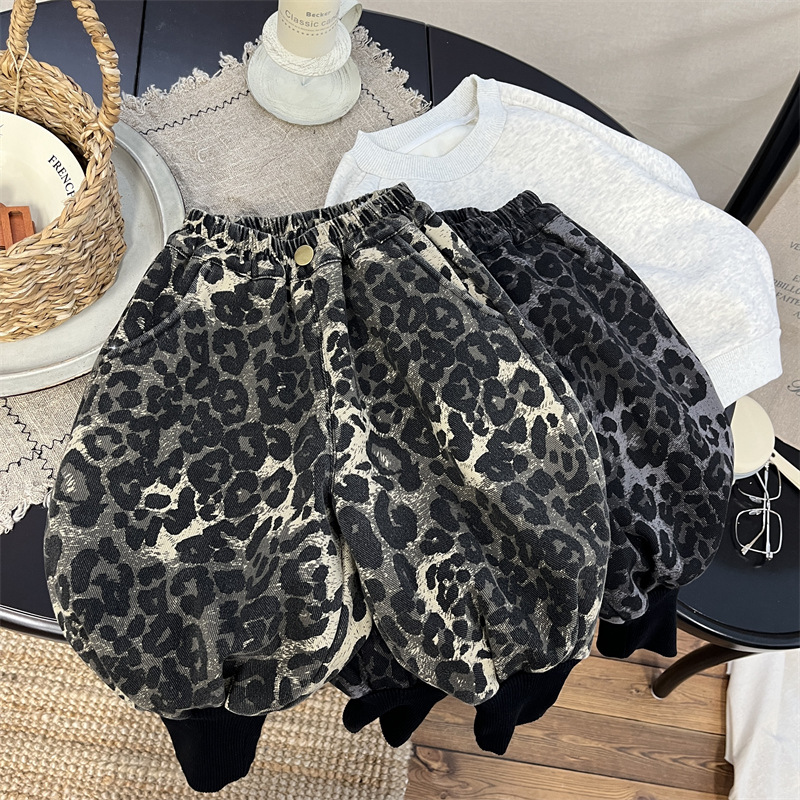 2024冬季中性款豹纹休闲裤宝宝宽松洋气时尚加绒长裤 h484 D24327