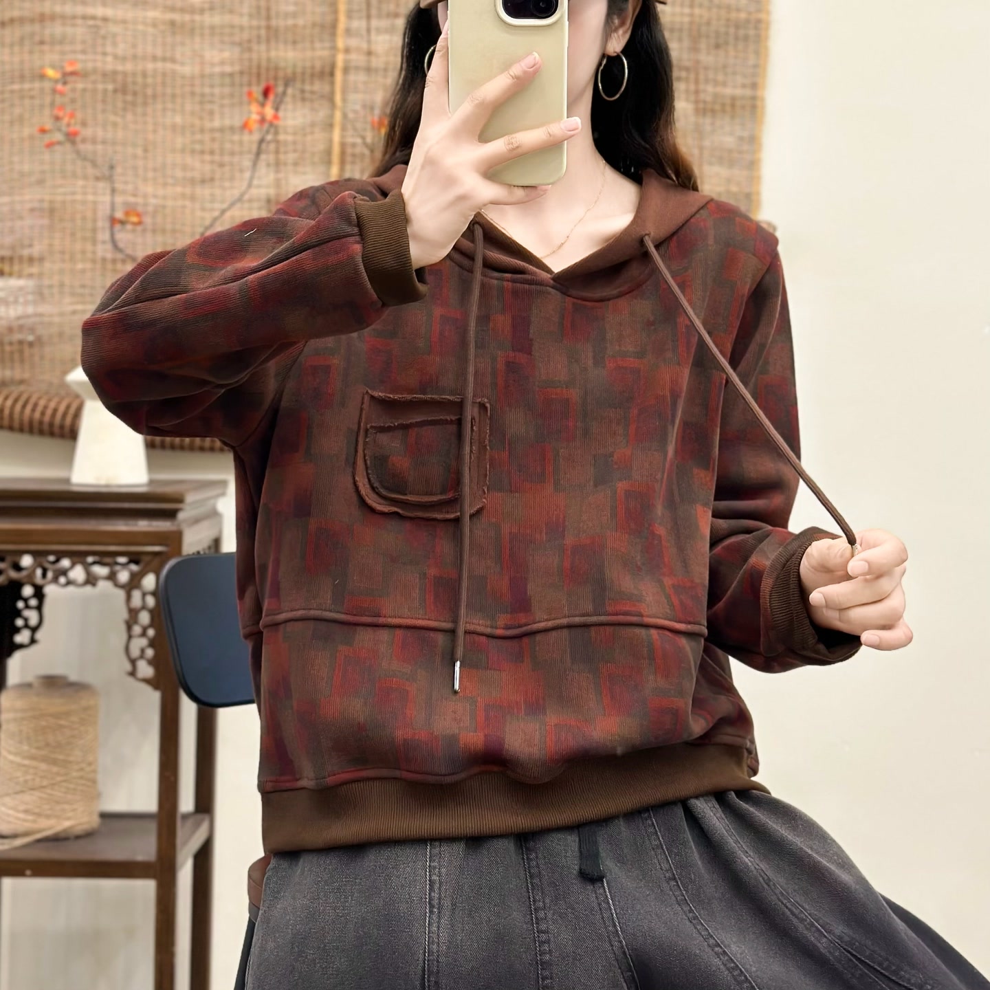 16267新款春秋休闲减龄印花百搭潮流带帽卫衣