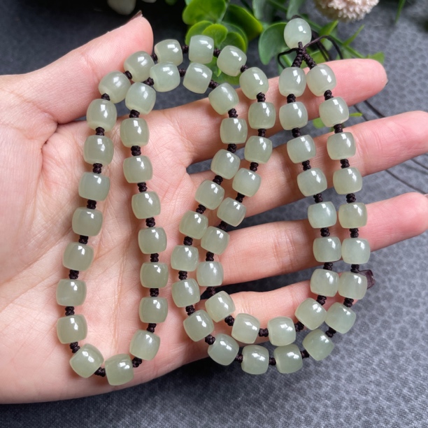 天然正品和田玉冰晴经典直切8mm项链 纯手工编织玉牌项链绳60厘米