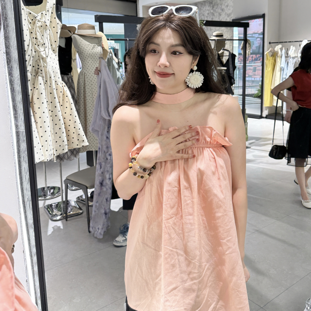 特价夏季法式甜美气质挂脖吊带短款外穿上衣No 退No 换