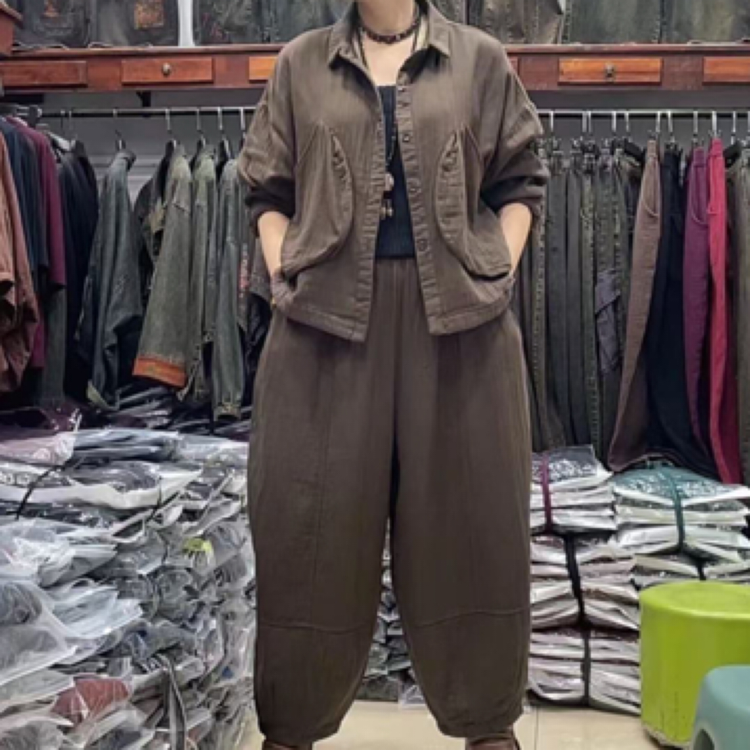 春秋厚显瘦时尚休闲水洗做旧拼接大口袋女士套装