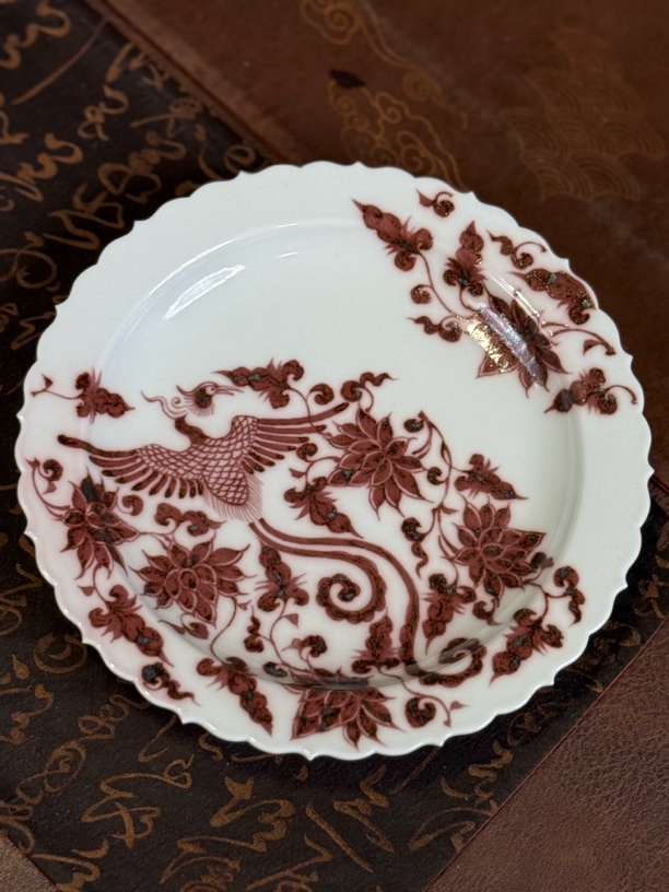 景德镇陶瓷茶具元青花幽蓝溪堂缠枝釉里红凤穿花纯手工葵口大壶承