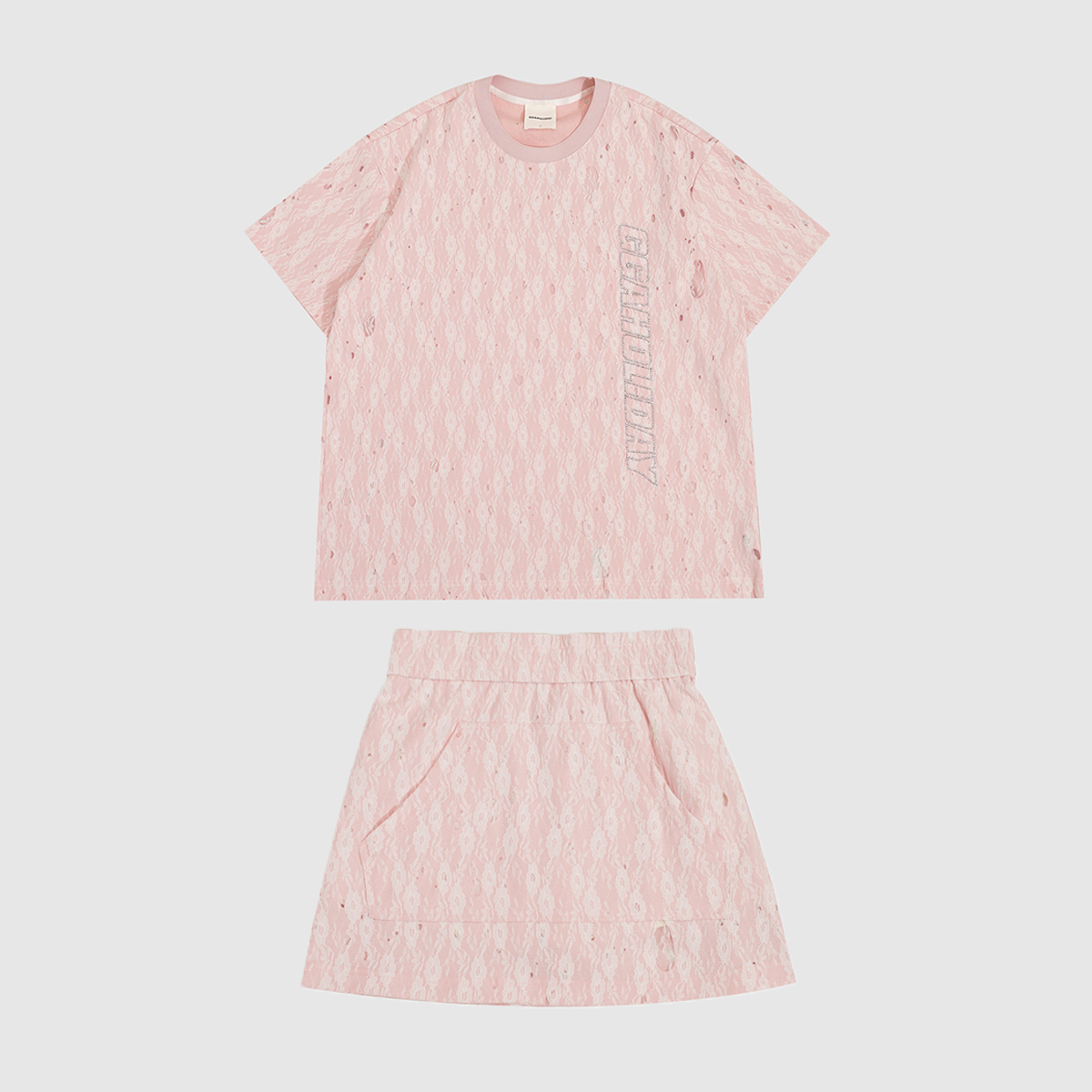 GGAHOLIDAY夏季时尚休闲洋气舒适蕾丝拼接T恤短裙套装-152442/4