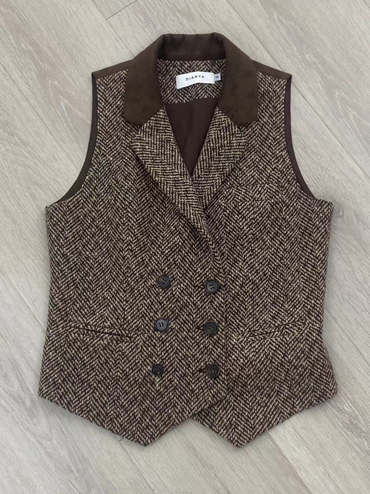 【红姐推荐】雅·原创复古毛呢双排扣修身显瘦拼接西装领马甲