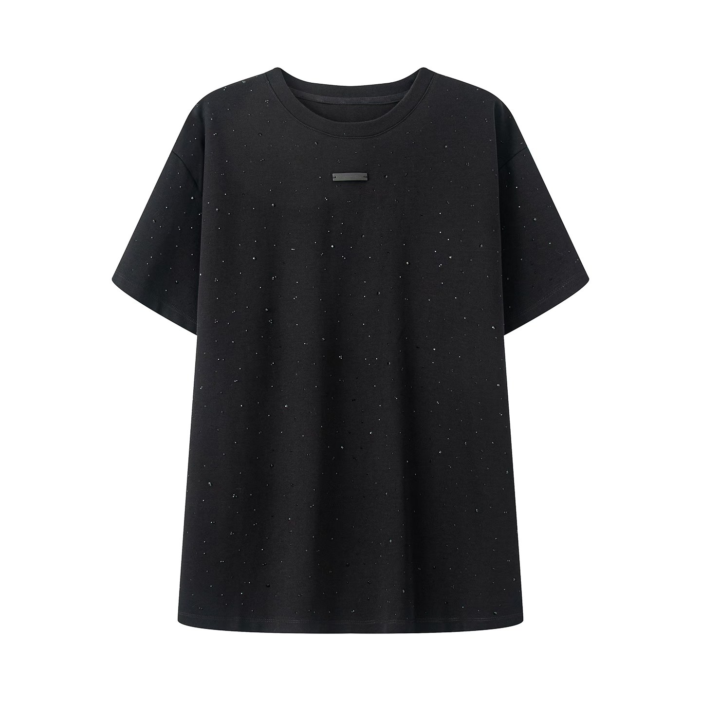 艾家2025新款T恤短袖圆领黑色针织重工烫钻镶钻时尚休闲百搭3008