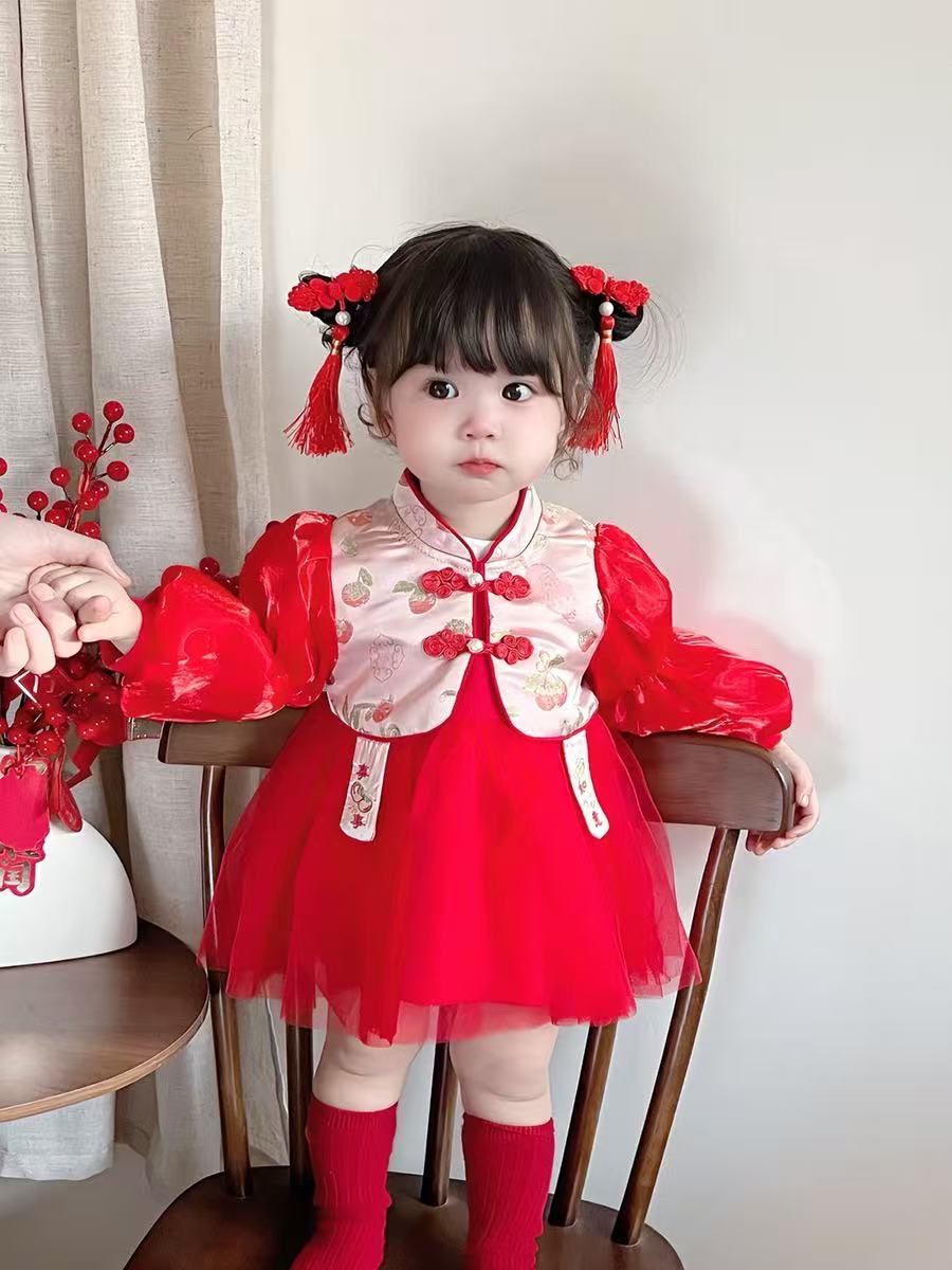 女童连衣裙2025新年春季婴儿过年拜年服女宝宝一周岁礼服红色裙子