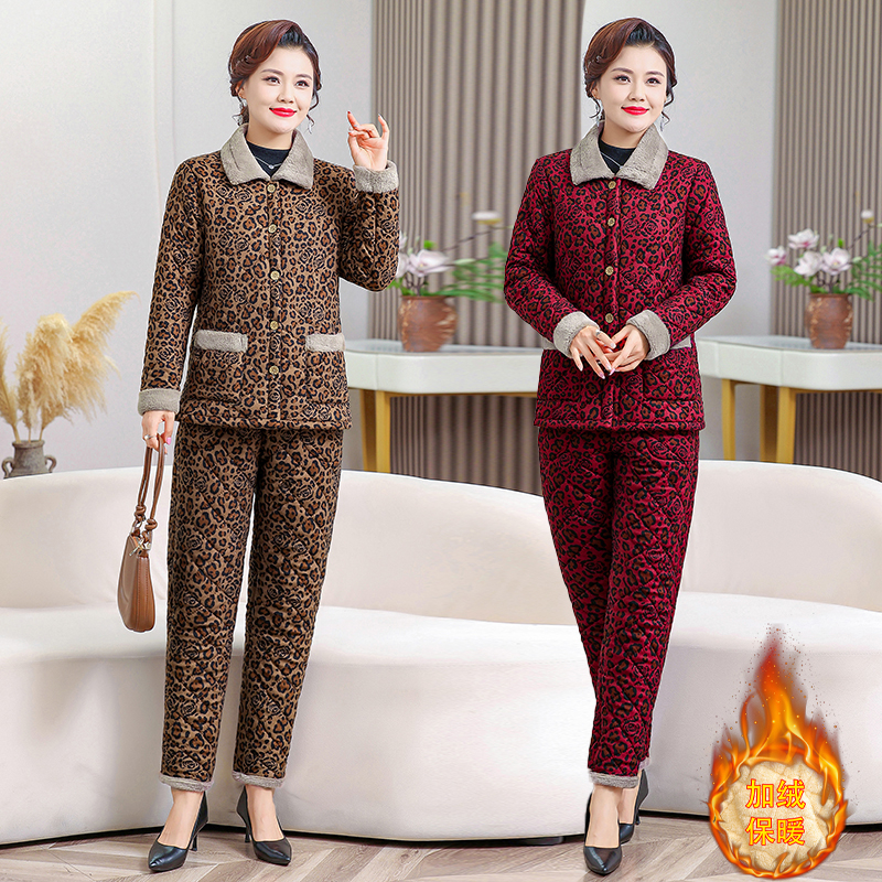 老太太棉衣套装秋冬加绒中老年女装中长裙中老年