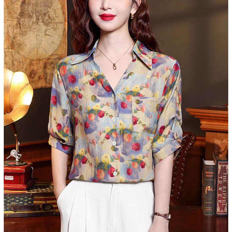 （女装）6015 气质时尚复古港风印花短袖衬衫上衣