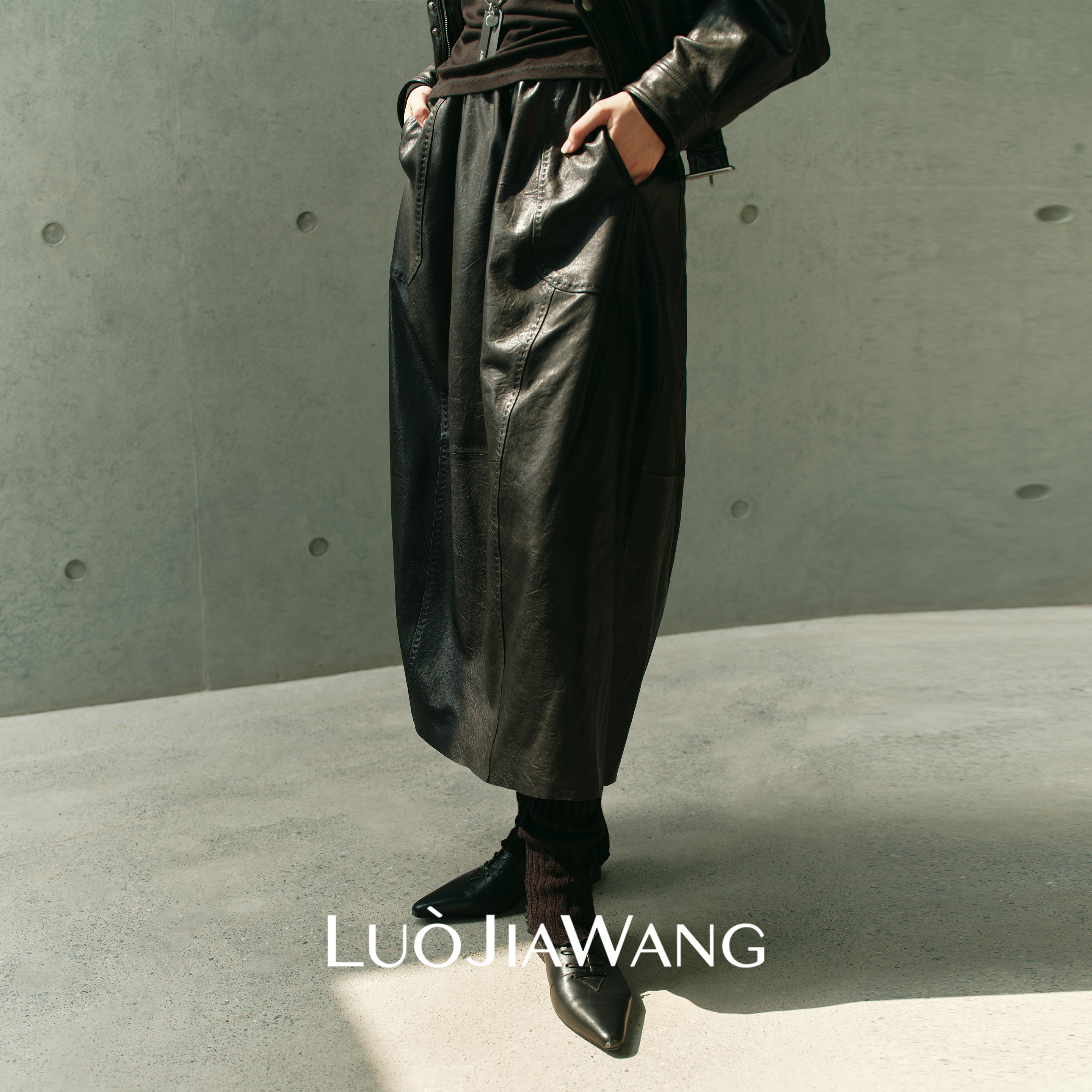 羊皮气质秋冬极简高级百搭时尚花苞半裙LUOJIAWANG