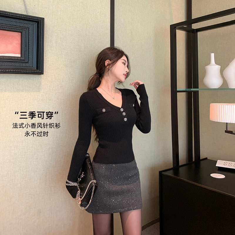 林关关【心动邂逅】 温柔收腰V领女秋冬上衣小香风长袖保暖毛针织衫