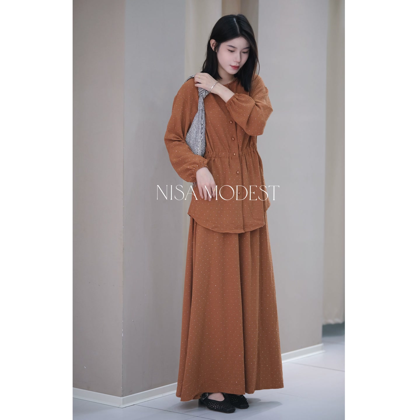 NISA服饰棉麻烫钻上衣半身裙两件套套装舒适版休闲半身裙NS001