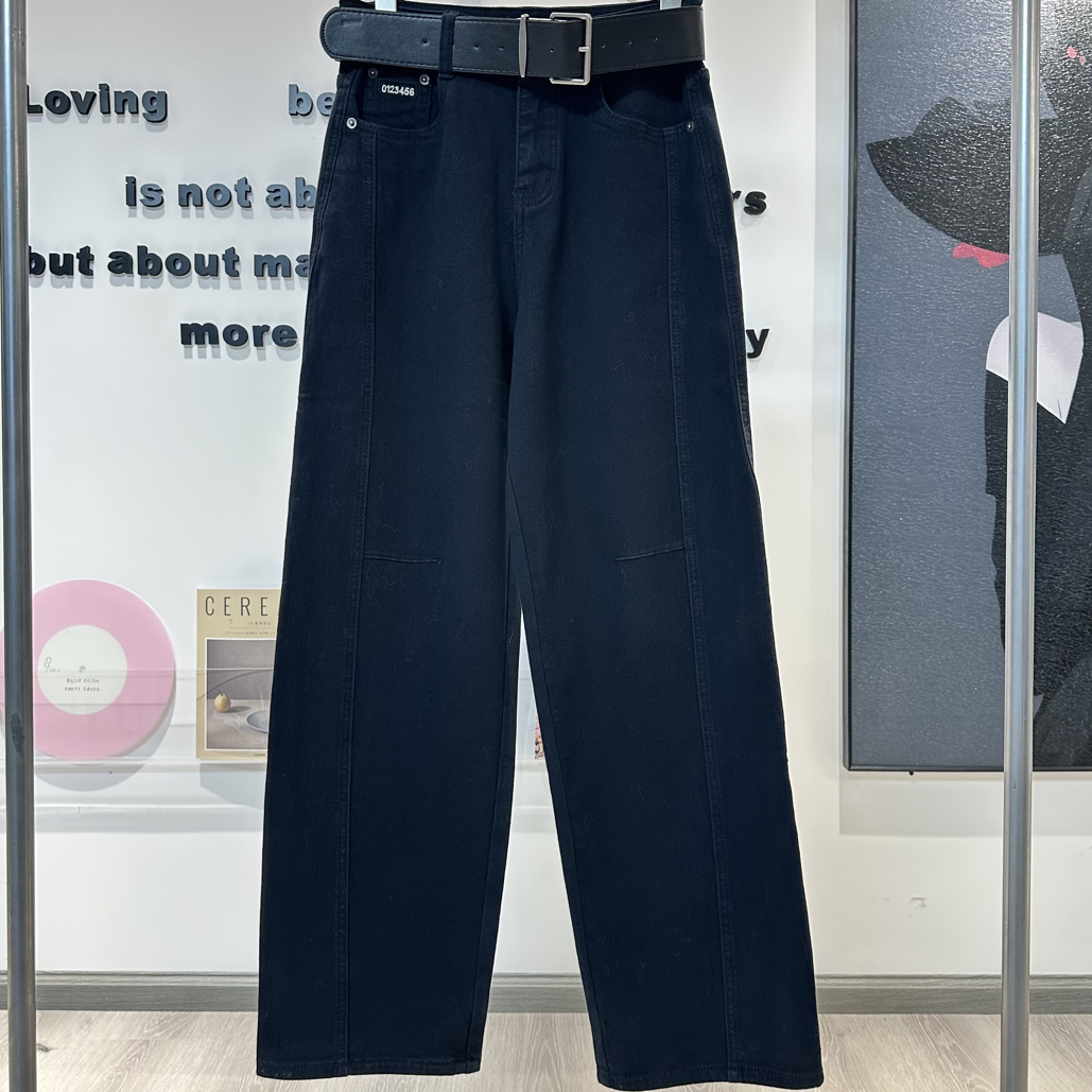 君家数字刺绣藏青休闲直筒裤