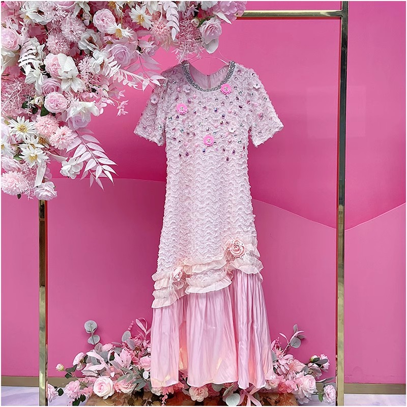 A2173欧美设计师2025夏季新款重工刺绣钉钻拼纱淑女气质连衣裙女