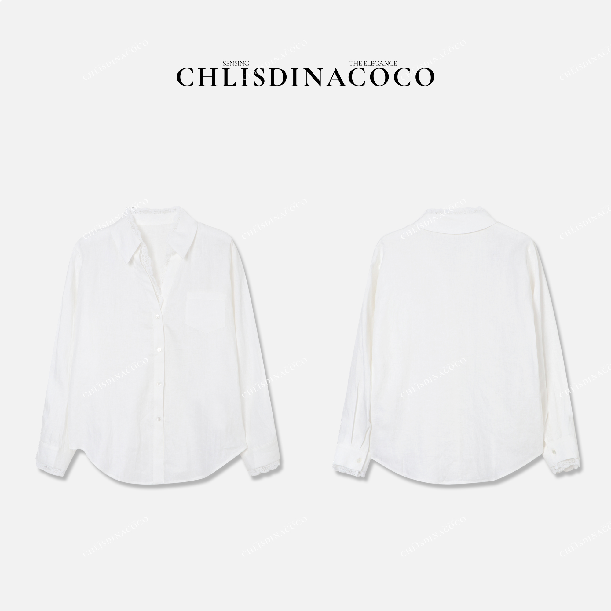 Chlisdinacoco“蝶舞輕盈”重工拼接蕾丝长款长袖衬衫C86157CS251
