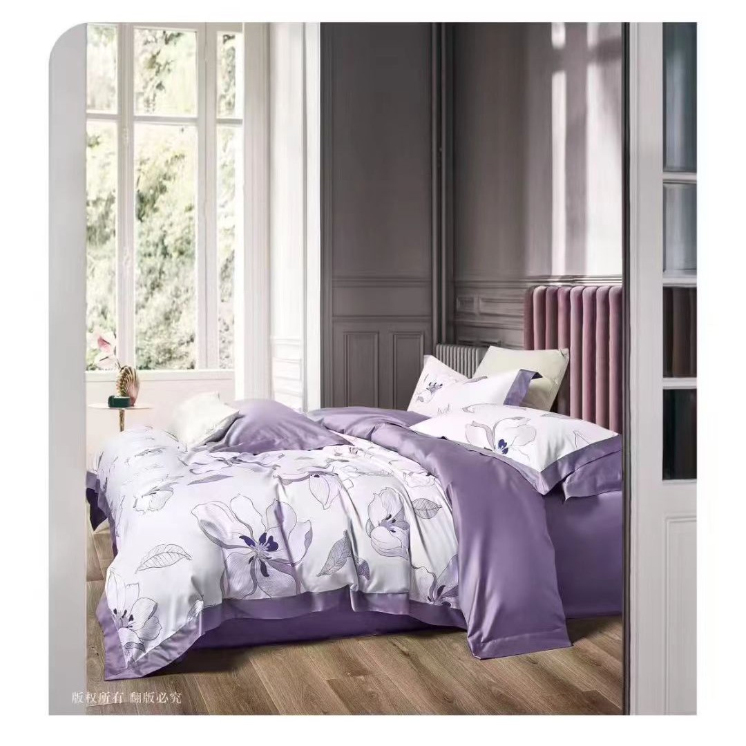 100支长绒棉活性磨毛真丝简约印花四件套床上用品被套轻奢丝滑