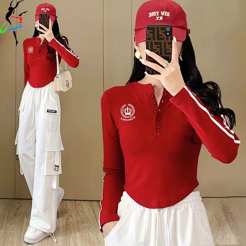 春季新款加薄绒广场舞服装长袖百搭纽扣修身显瘦健身跳操跳舞衣服