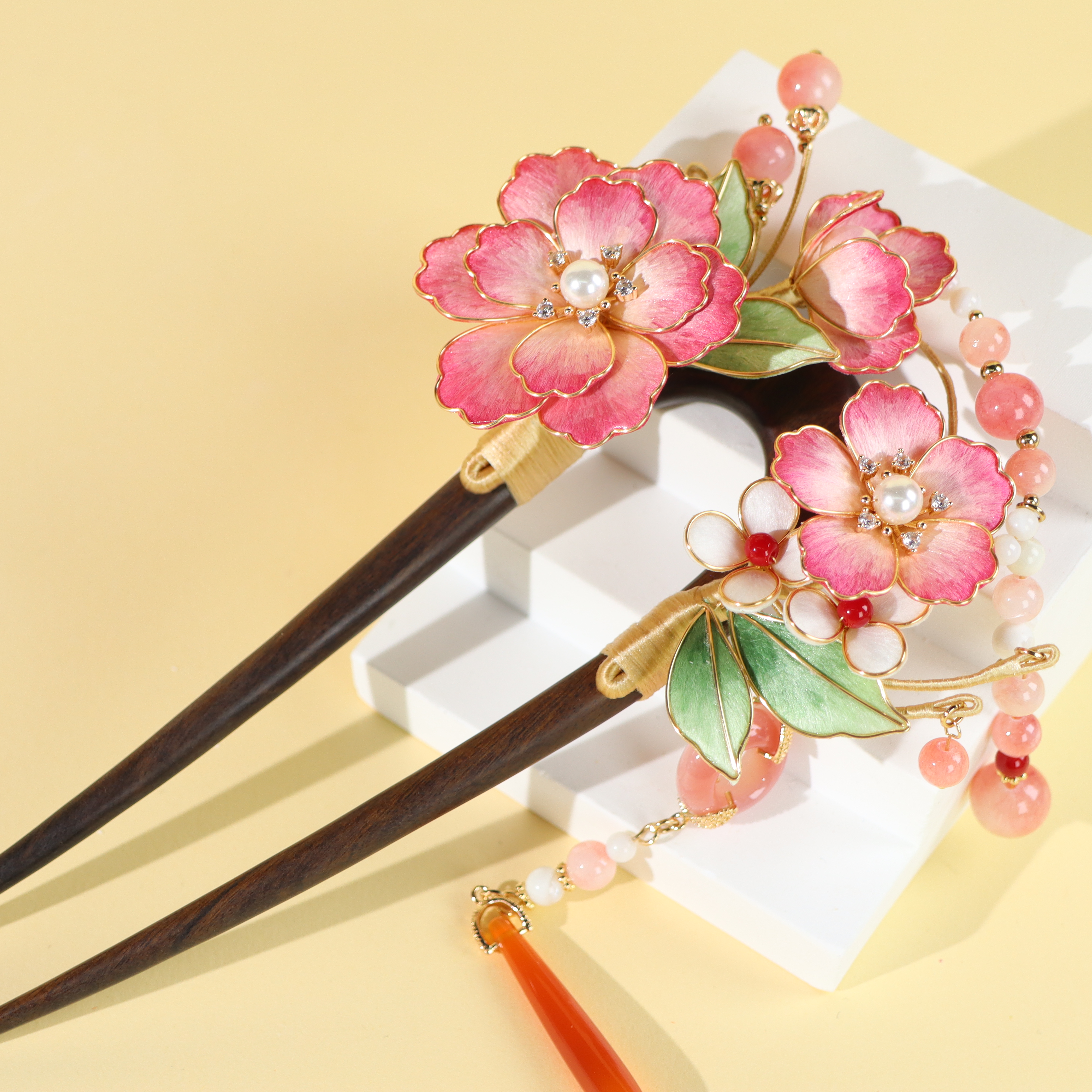 非遗绒花纯手工粉色桃花发钗古风复古气质日常百搭