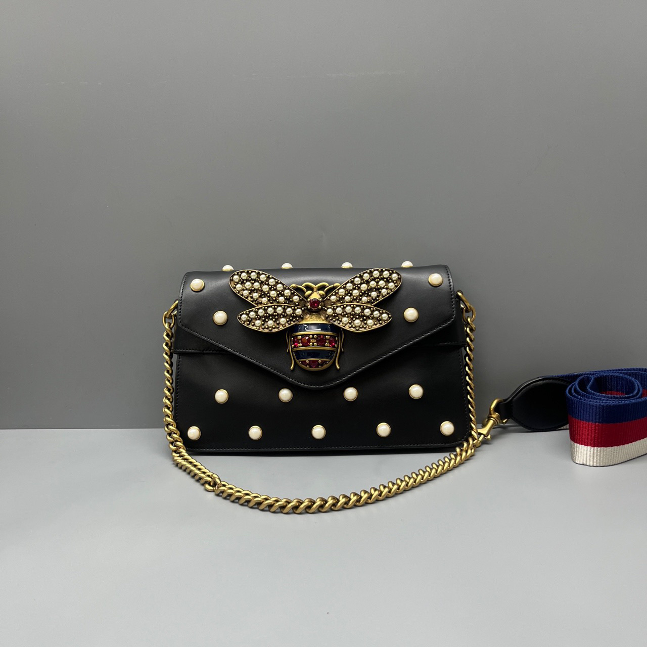 95新 GUCCI/古驰 全皮黑色玛格丽特皇后蜜蜂包 尺寸25*15 SV13894