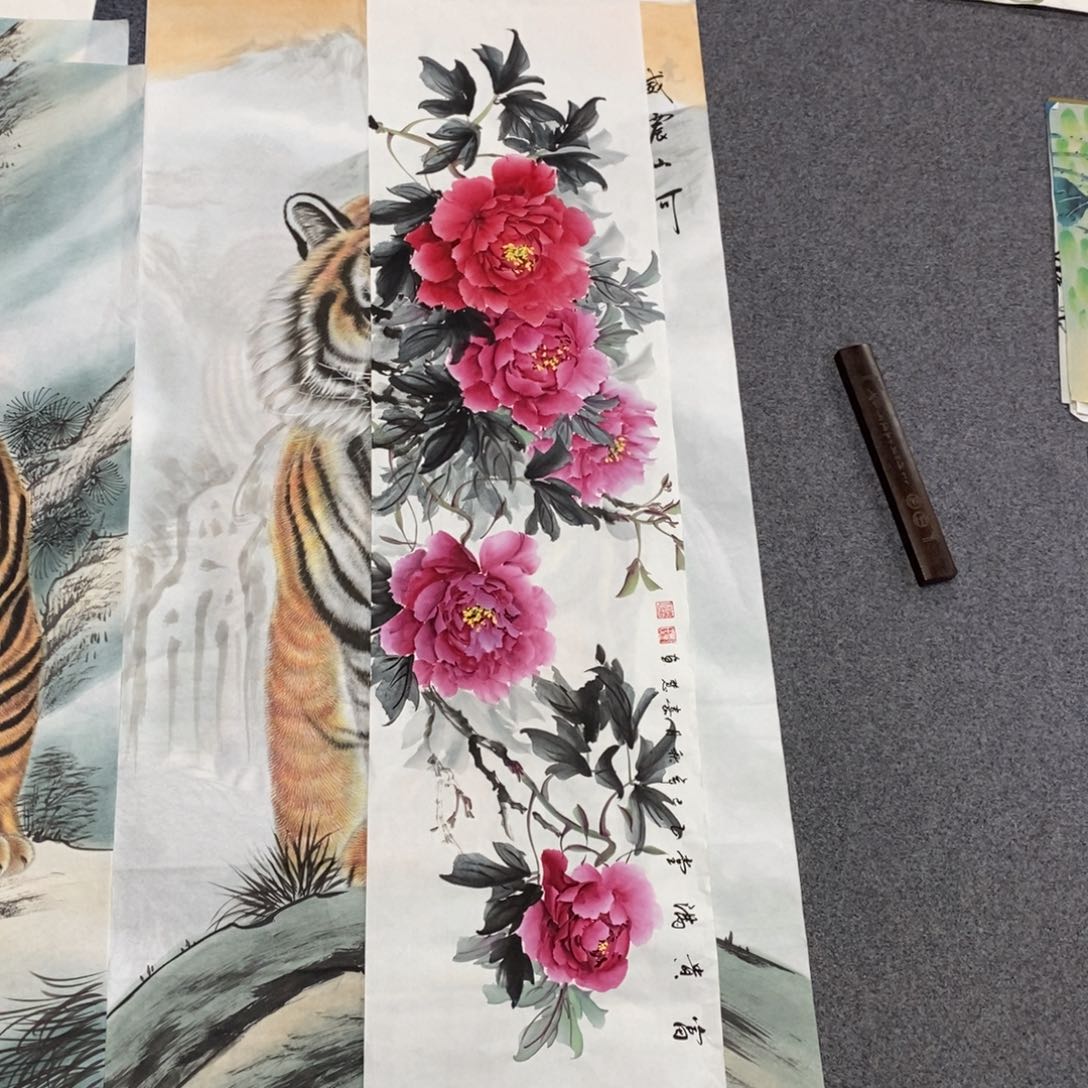 国画伙***鱼尺寸140✖️35四尺对开精品手绘牡丹