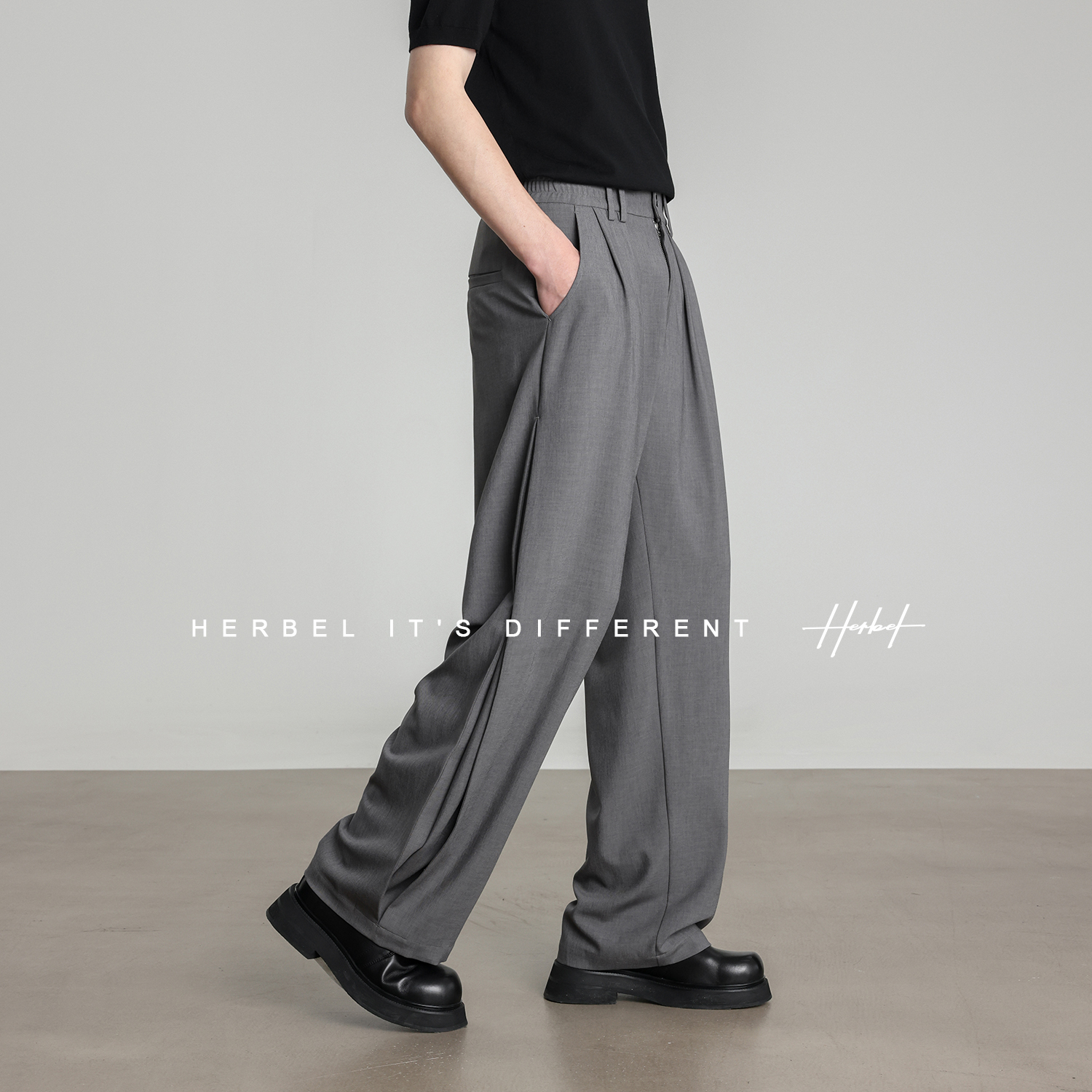 HERBEL/黑白2025夏季薄款男装休闲直筒裤宽松版型休闲裤高腰 潮流