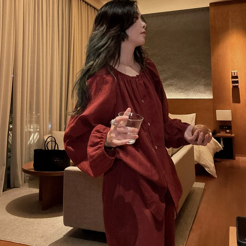 纯棉纱布睡衣女春秋季2025新款长袖红色慵懒风大码全棉家居服套装