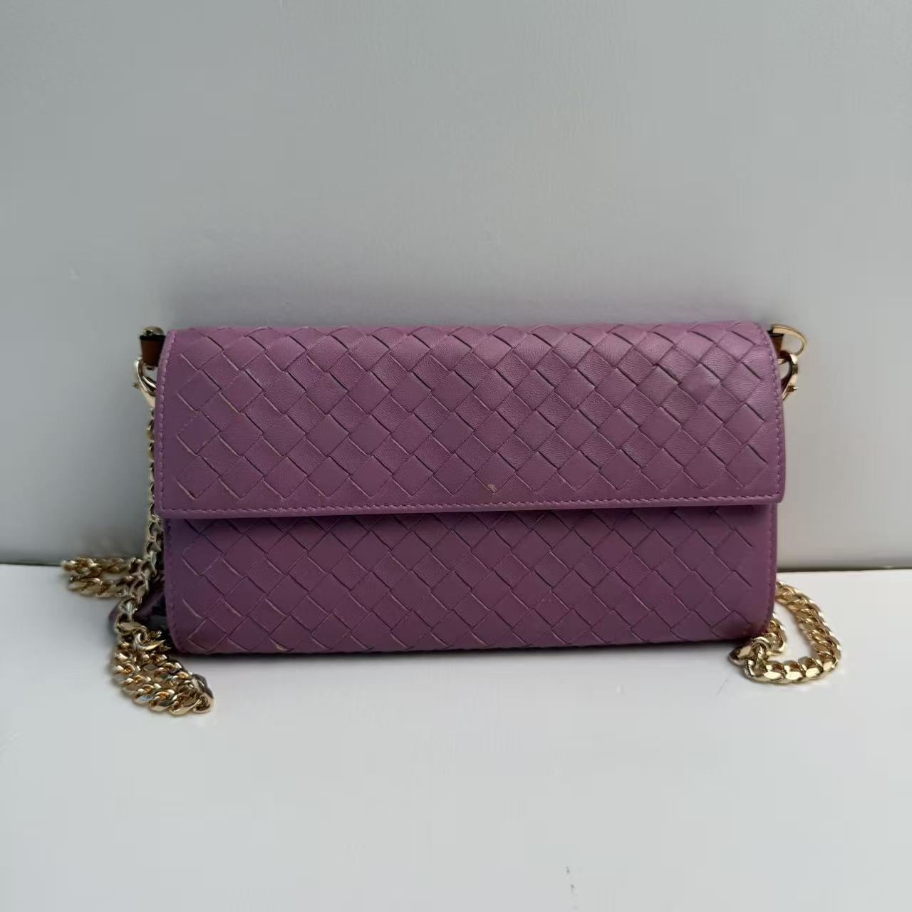 95新 BOTTEGA VENETA/葆蝶家 葆蝶家紫色编织翻盖钱包