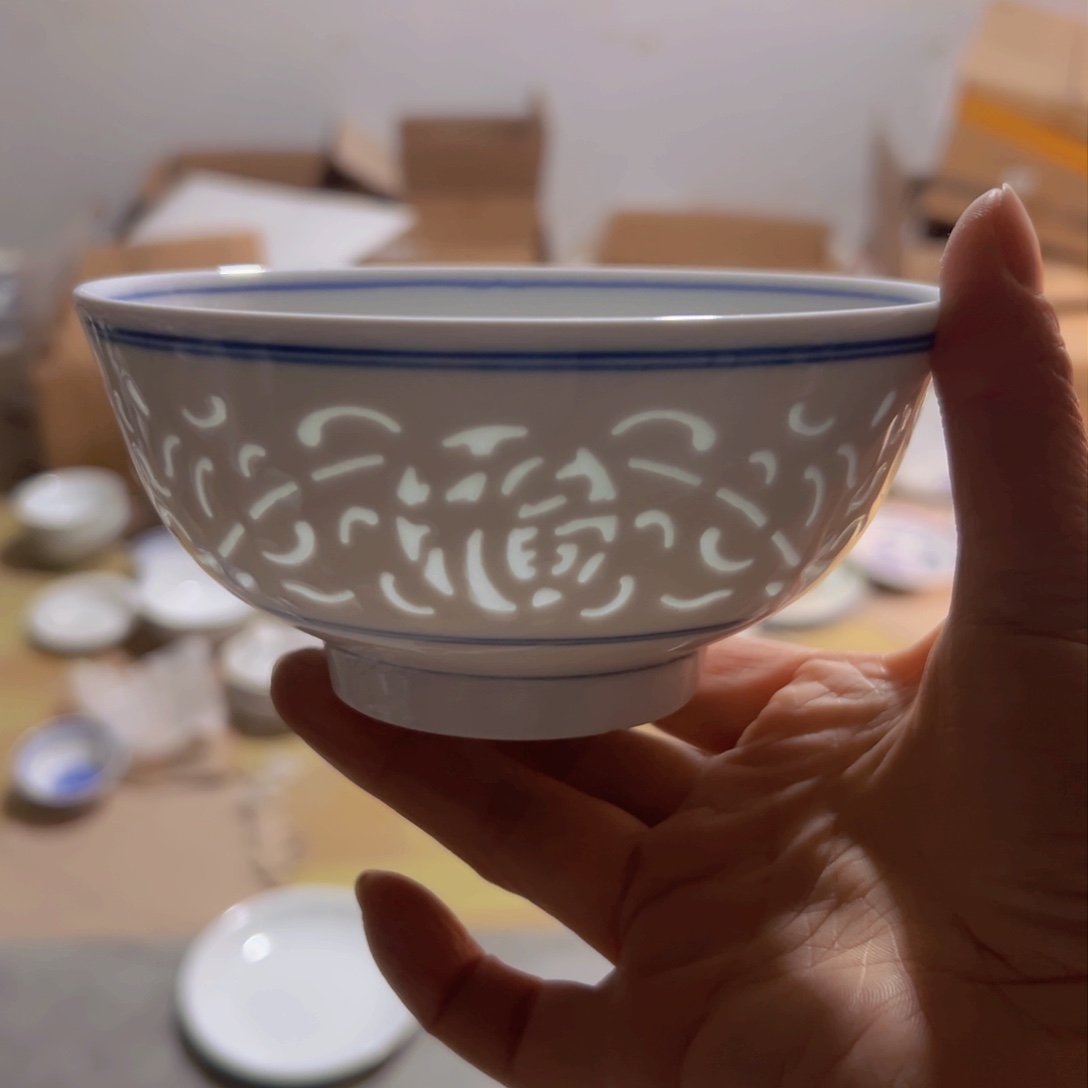 碗5寸素玲珑雕刻福字饭碗