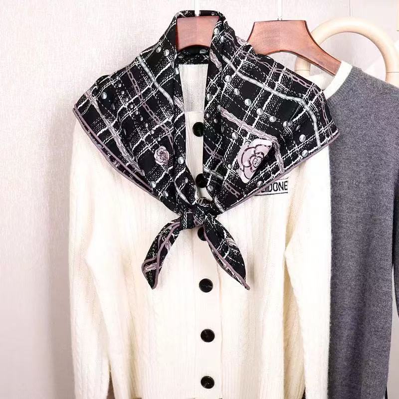 丝毛围巾【气质山茶】86丝毛方巾双面同色手工卷边丝巾Q722小香风春