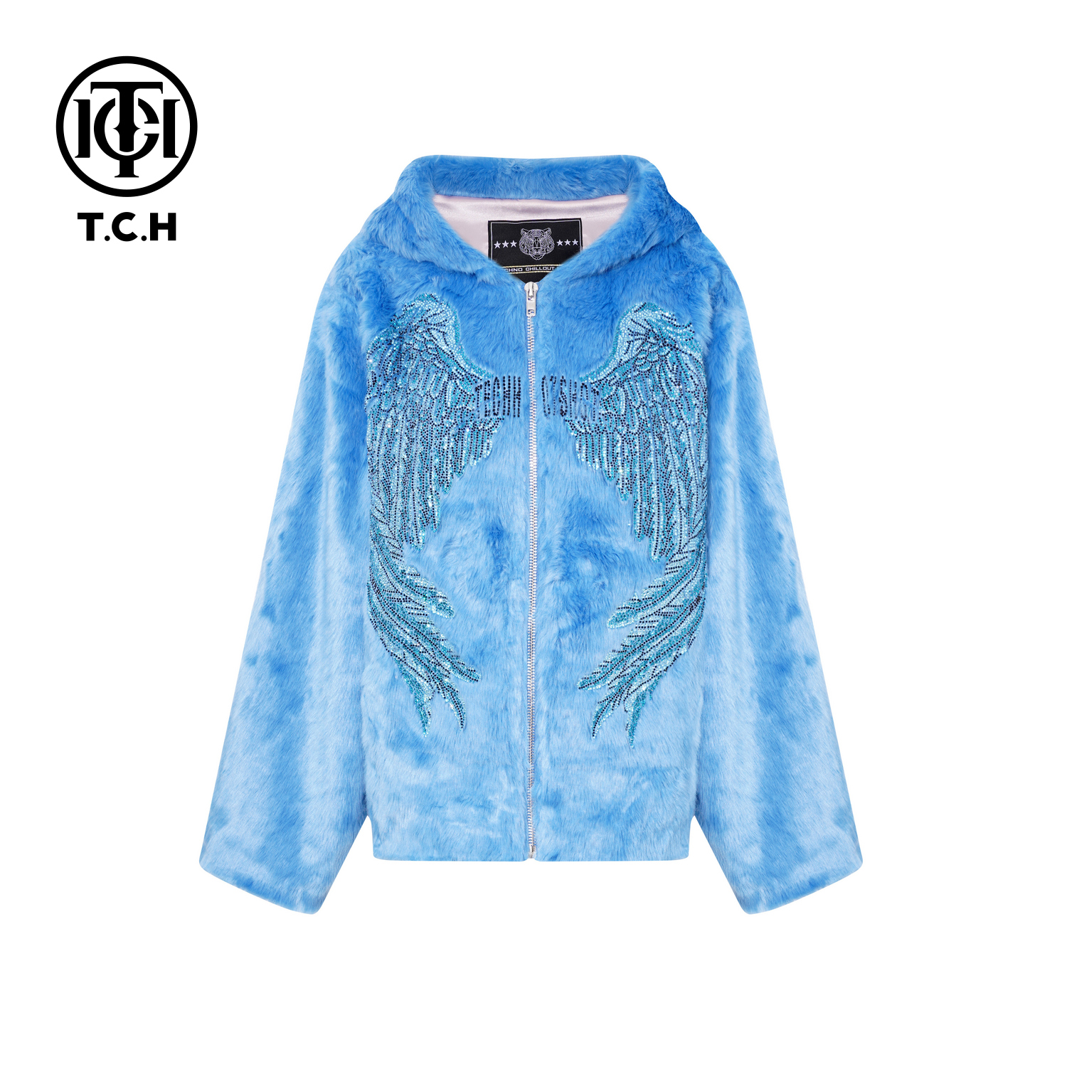 TCH-时尚潮牌翅膀烫钻蓝色毛毛外套T75D27E1049