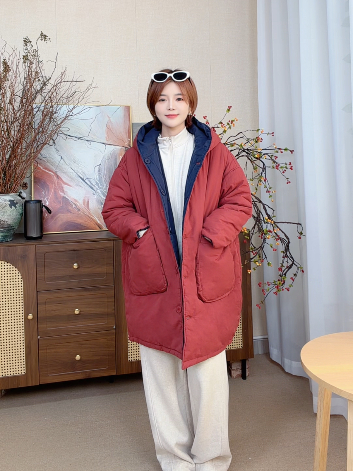 【双影云间】中长款汉麻棉服双面穿连帽保暖加厚减龄棉服外贸001
