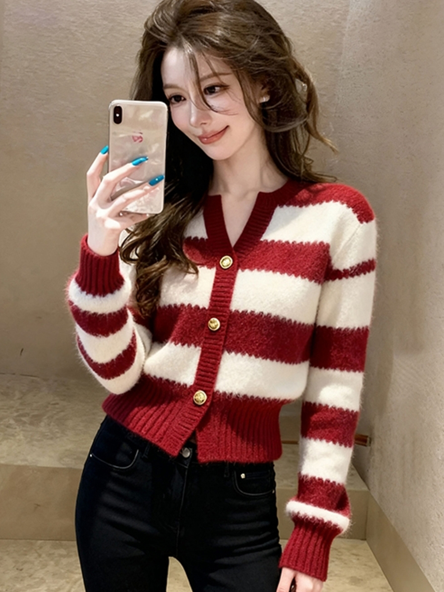 韩系多巴胺撞色条纹毛衣秋冬新款时尚轻熟风长袖针织衫洋气别致款