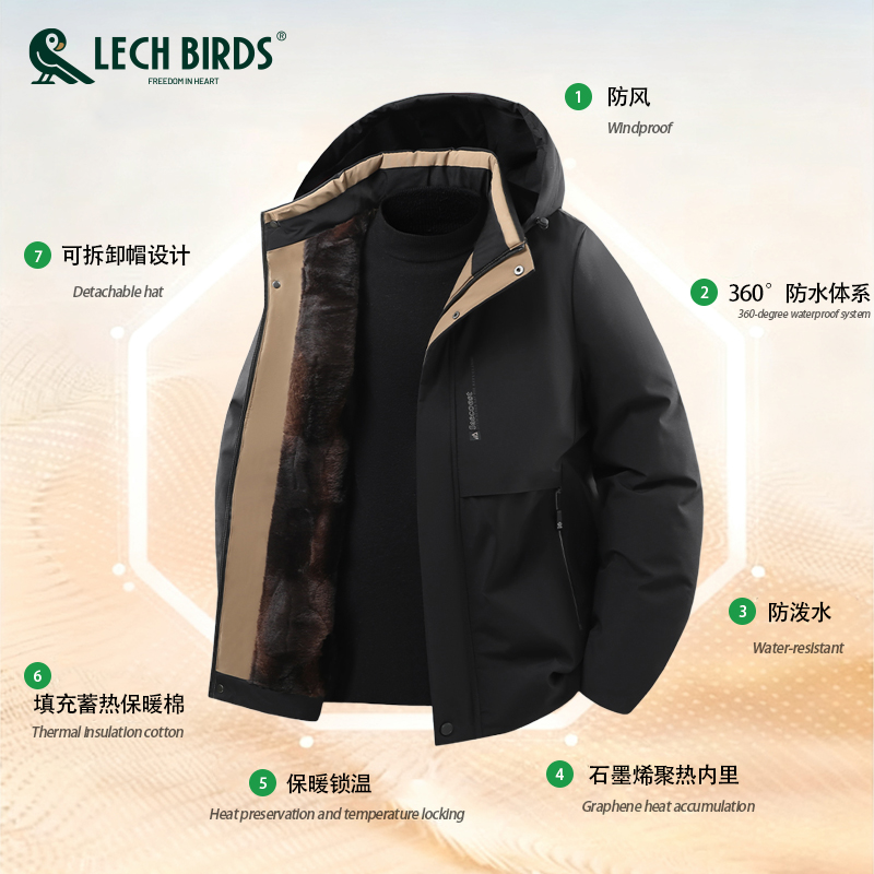 乐贵鸟冬季男女同款黑金加绒加厚棉服冬季石墨烯派克服13263-H10