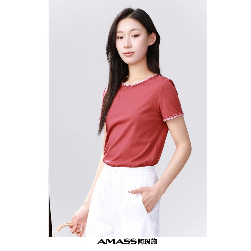 AMASS/阿玛施530054 百搭气质休闲领口袖口立体花边设计圆领T恤女