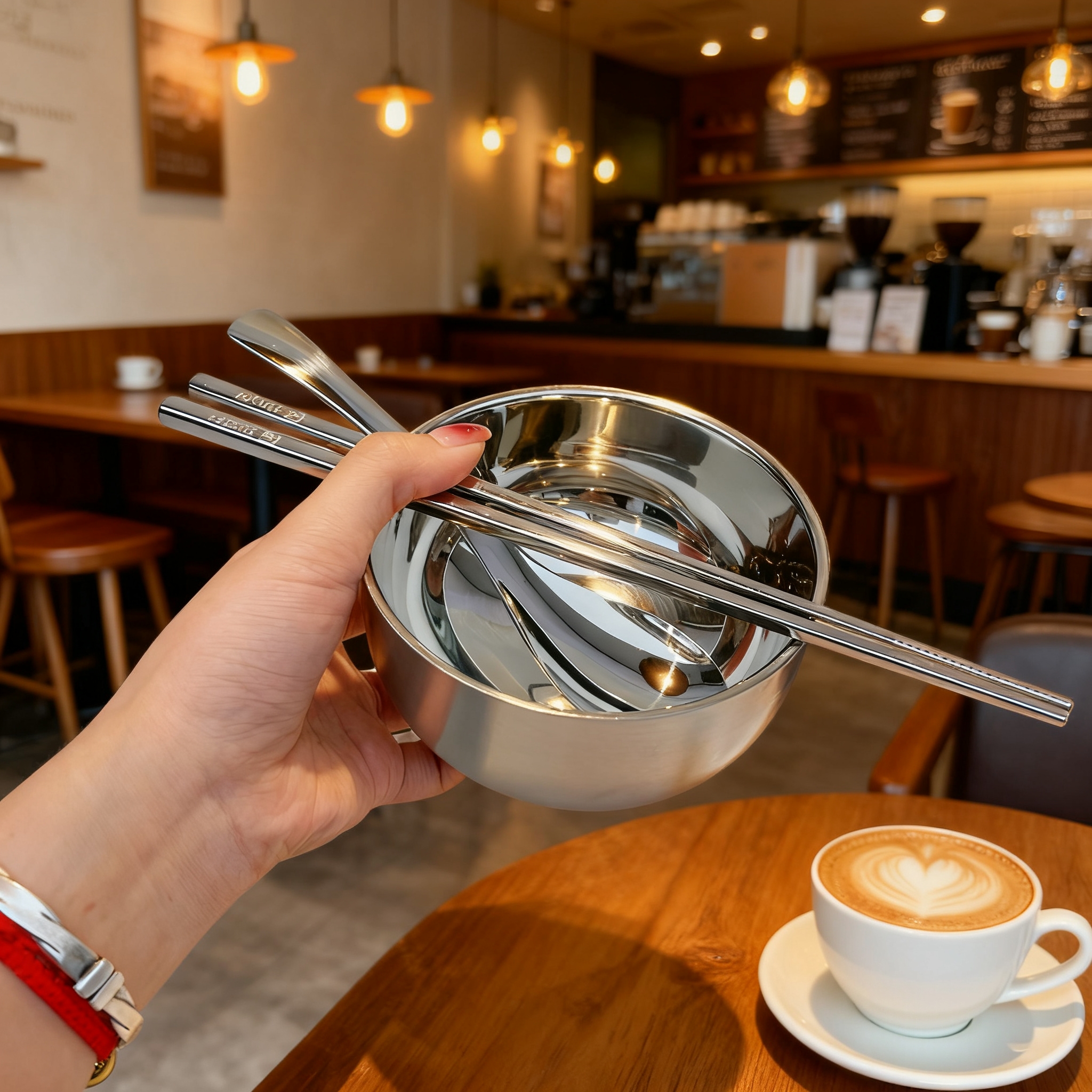 伯爵勺碗筷套装304不锈钢双层防烫碗吃饭喝汤碗三件套