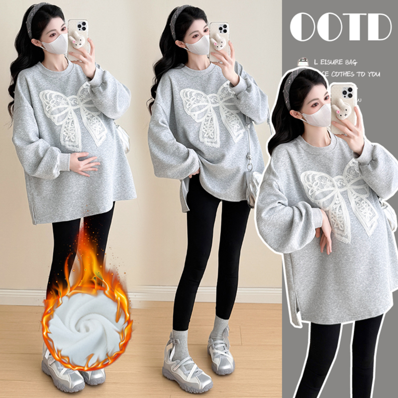 【伊伊】孕妇装2025秋装蕾丝蝴蝶结圆领慵懒风宽松显瘦休闲百搭卫衣